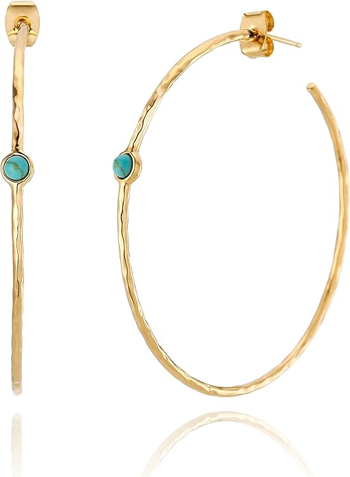14K Gold-Plated Dainty Hoop Earrings with Simulated Blue Turquoise - Lightweight, Hypoallergenic, Chic Boho Design for Versatile Everyday Elegance - delicate minimal Jewelry by MJLULU