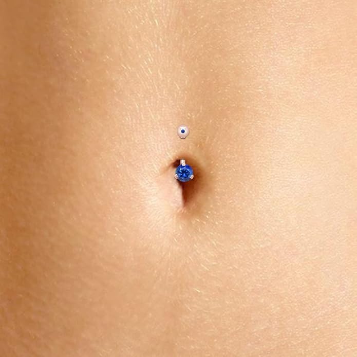 AFFY Internally Threaded Belly Button Navel Ring for Women, Three-Prong Round Simulated Birthstone in 14K Gold Over 925 Sterling Silver, Body Piercing Jewelry Gift
