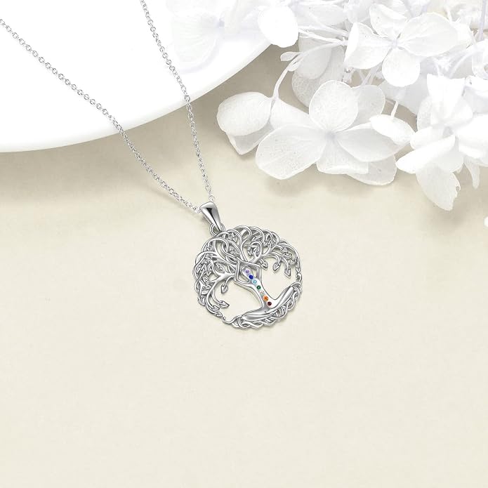 YAFEINI Chakra Necklace 925 Sterling Silver Angel/Tree of Life/Lotus/Dragonfly Neckalce Healing Crystal Pendant Neckalce Chakra Jewelry Gift for Women