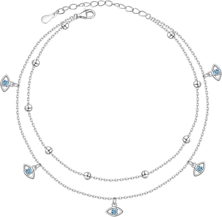 Anklet for Women S925 Sterling Silver Beach Style Foot Layered Adjustable Ankle Bracelet Disc Evil Eye Heart Infinity Bead Cross Jewelry