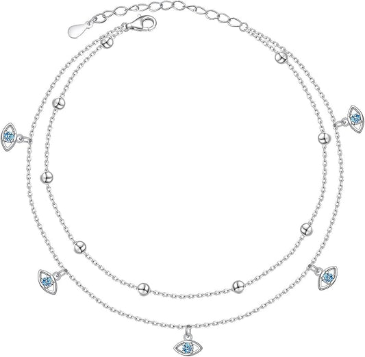 Anklet for Women S925 Sterling Silver Beach Style Foot Layered Adjustable Ankle Bracelet Disc Evil Eye Heart Infinity Bead Cross Jewelry