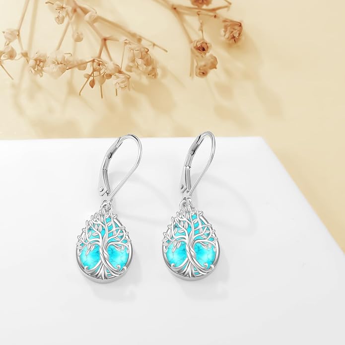 Odinstone 925 Sterling Silver Earrings Tree of Life Teardrop Moonstone Dangle Drop Leverback Earrings for Women