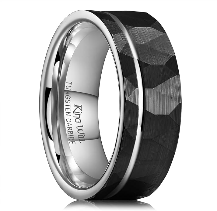 King Will Men's 8mm Tungsten Carbide Wedding Band, Hammered Faceted Diamond Cut Ring with Groove Inlay, Geometric Industrial Engagement Band for Men Women Comfort Fit Size 7-14