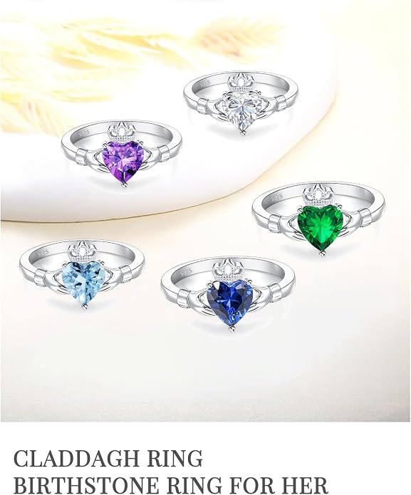 Claddagh Rings for Women 925 Sterling Silver Irish Birthstone Statement Ring Jewelry for Wife
