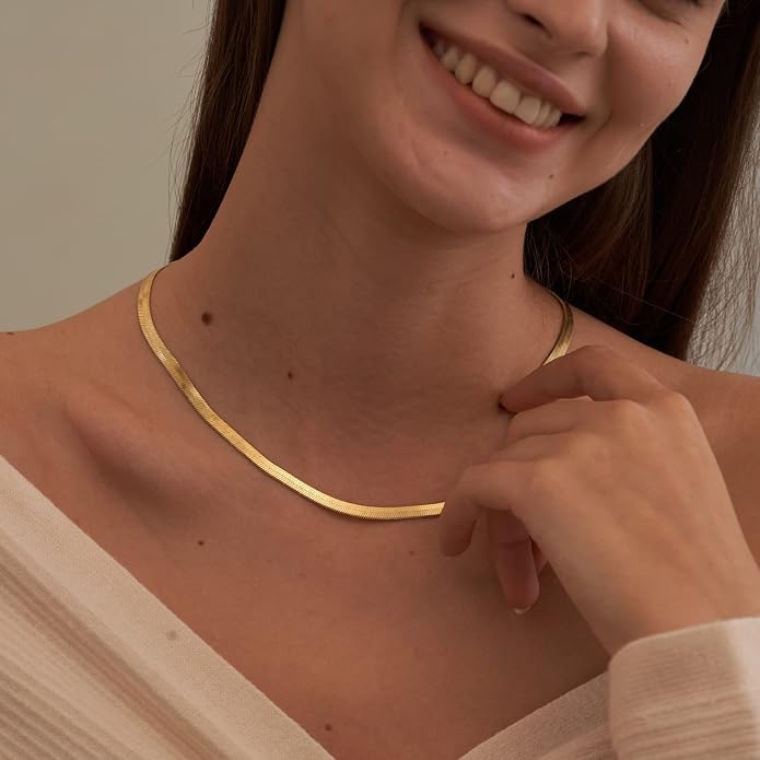 CHESKY Gold Necklace for Women-14K Plated/S925 sterling silver Snake Chain Necklace Dainty Simple Chunky Herringbone Necklace Gold Choker Necklaces Jewelry for Women Mothers Day Gifts for Mom