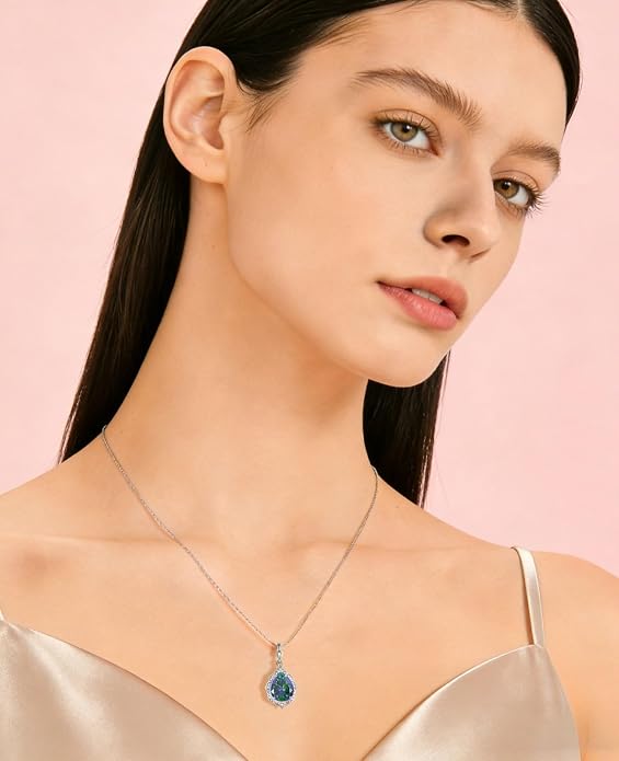 Fahonie Birthstone Necklace for Women 925 Sterling Silver Teardrop Gemstone Pendant Necklace Anniversary Birthday Christmas Cubic Zirconia Jewelry Gifts for Women Mom