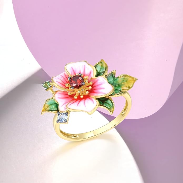 Santuzza 925 Sterling Silver Enamel Flower Statement Ring for Women