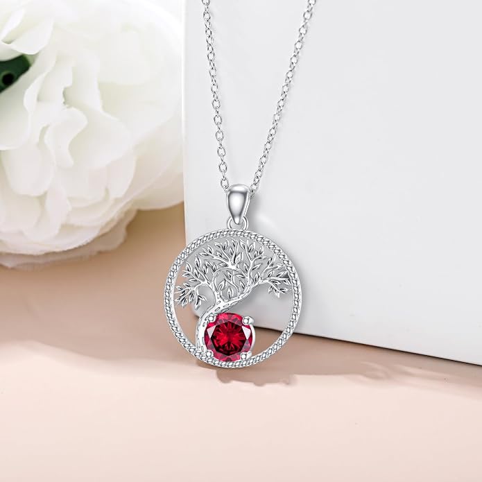 LONAGO Birthstone Tree of Life Necklace Sterling Silver Tree Pendant Necklace Gift for Women