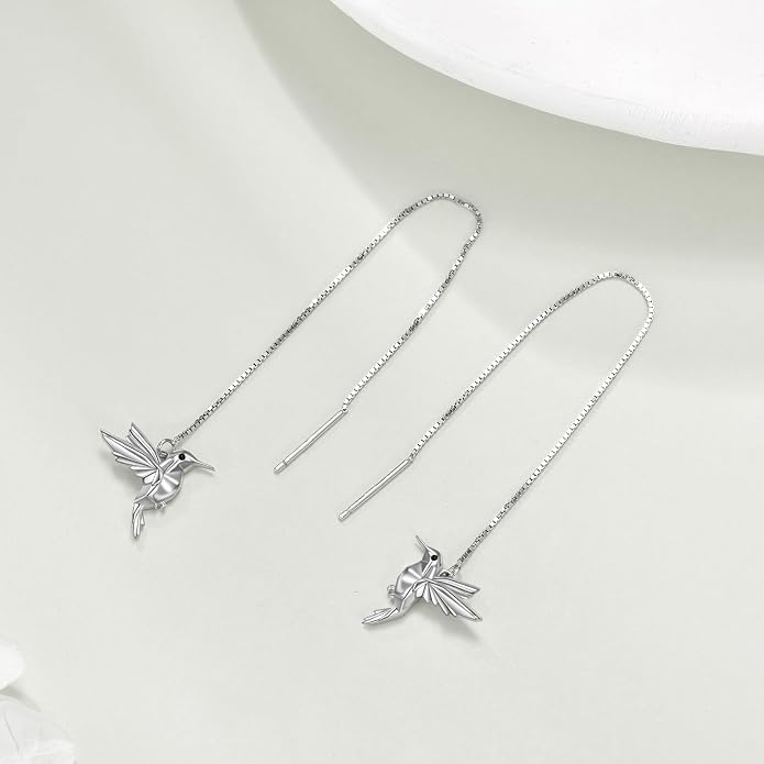 Hummingbird Pull Through Threader Earrings 925 Sterling Silver Long Piercing Tassel Drop Dangle Ear Line Eardrop Earrings Origami Jewelry Birthday Gifts for Women