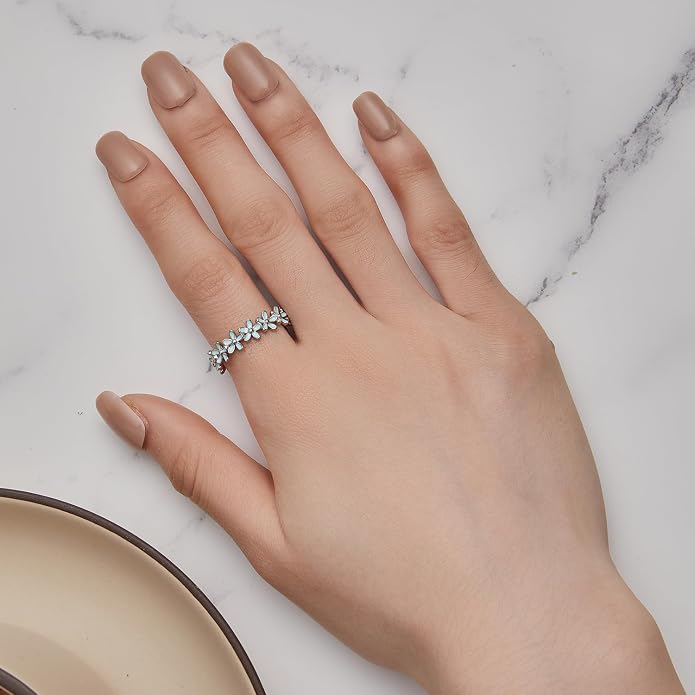 925 Sterling Silver Dainty Daisy Butterfly Paw Heart Eternity Rings Blue Flower Finger Rings for Women Stacking Promise Rings Gift Jewelry