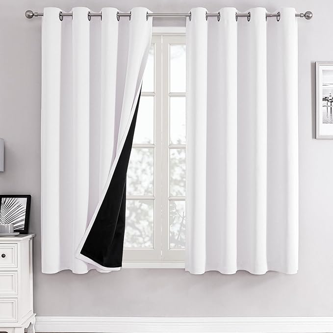 ChrisDowa White 100% Blackout Curtains for Bedroom 45 Inches Long 2 Panels | 2 Thick Layers, Thermal Insulated, Grommet, Window Treatment, Living Room Drapes with Black Liner, Pure White, 52 x 45 Inch