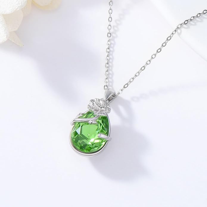 925 Sterling Silver Birth Flower Necklace with Teardrop Shaped Birthstone - 12 Colors, 12 Kinds of Flower - Ideal Birthday Jewelry Gift for Women, Mothers, Daughters & Wives