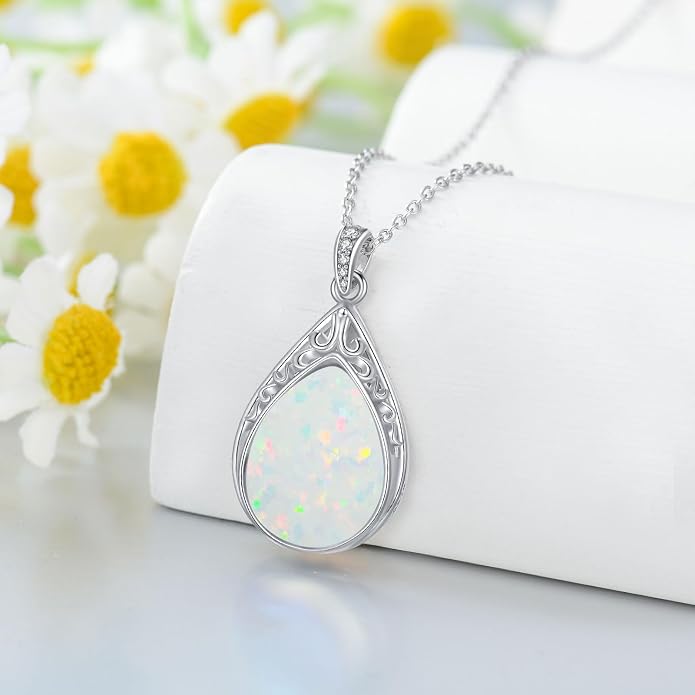HPQQ Teardrop Necklace 925 Sterling Silver Filigree Gemstone Pendant Necklace Fine Jewelry Birthday Mother's Day Gifts for Women Her Mom