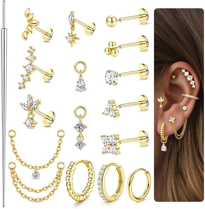 ORAZIO 16G/18G/20G Threadless Flat Back Earrings 316L Surgical Steel Cartilage Earring Stacks Flatback Push in Nose Rings Studs Hypoallergenic Tragus Helix Conch Labret Medusa Piercing Jewelry