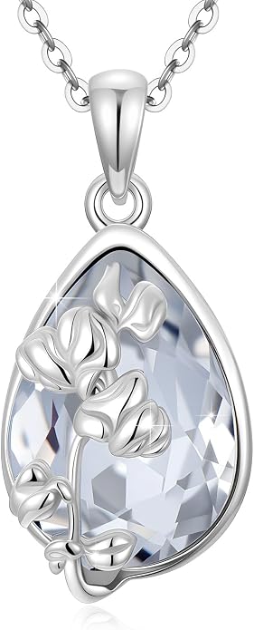 925 Sterling Silver Birth Flower Necklace with Teardrop Shaped Birthstone - 12 Colors, 12 Kinds of Flower - Ideal Birthday Jewelry Gift for Women, Mothers, Daughters & Wives