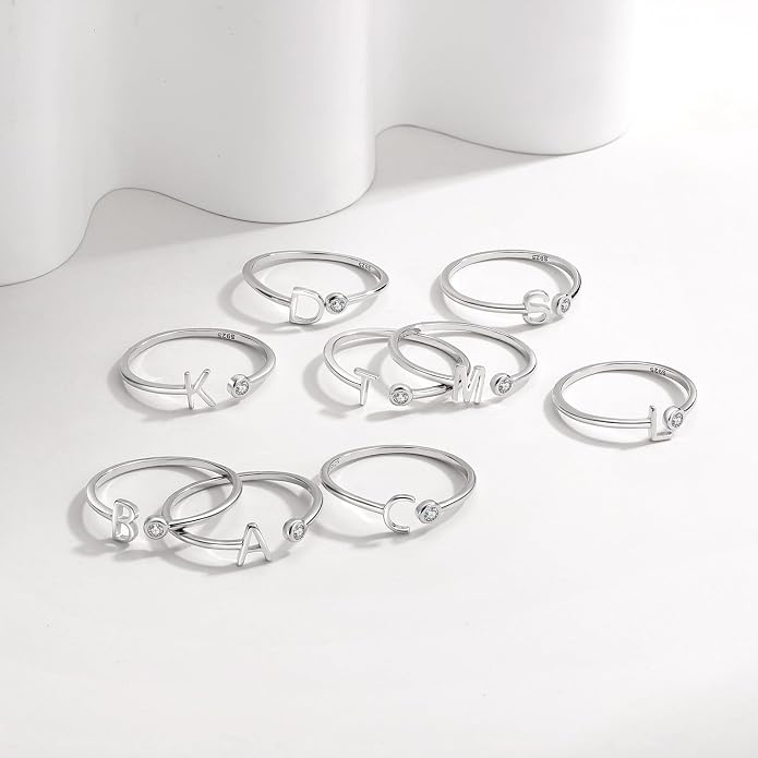 925 Sterling Silver Initial Letter Birthstone Rings for Women Adjustable 1-12 Month Birthstone Alphabet Stacking Ring for Teens Girls Stackable Birthstone Rings Birthday Jewelry Gift for Daughter Mom
