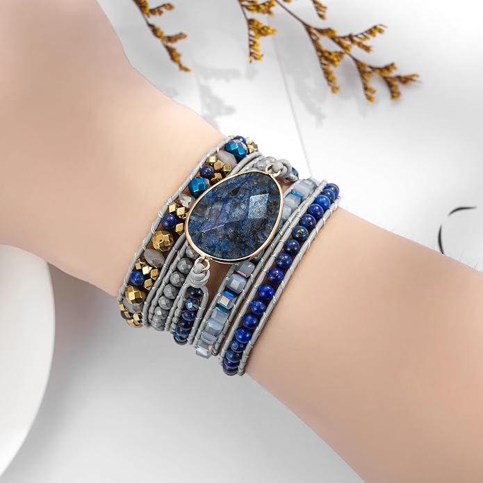 Plumiss Women Boho Handmade Natural Stone Crystal Leather Bead Wrap Bracelets Collection