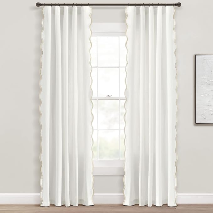 Lush Decor Coastal Chic Scalloped Edge Light Filtering Window Curtain Panels Pair, 52" W x 84" L, Neutral & White - White Curtains for Living Room - Coastal Decor