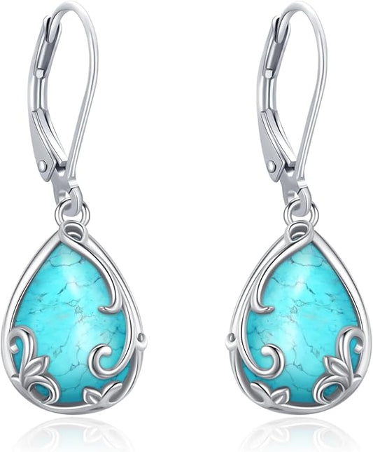 Black Cat/Turtle/Moonstone//Turquoise/Flower/Tree of Life Earrings Sterling Silver Cute Animal Leverback Dangle Earrings Jewelry Gifts
