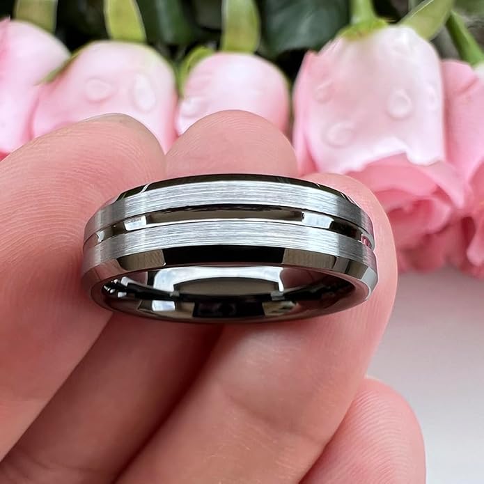 TUTISS 6mm 8mm Silver/Black/Blue/Gunmetal/Gold/Rose Gold Tungsten Rings for Men Women Fashion Engagement Wedding Bands Matte Finish Beveled Edges Comfort Fit