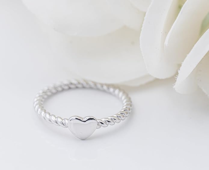 Precious Pieces .925 Sterling Silver Twisted Rope Band Baby Ring with Heart for Babies, Infants, Toddlers, Little Girls, Stackable or Pinky Ring for Teens and Women