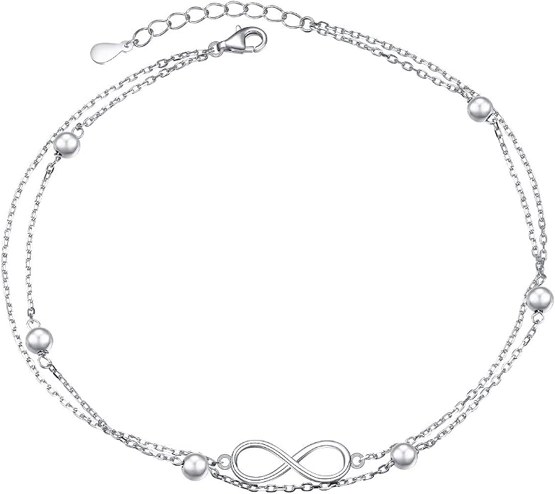 Flyow Anklet for Women S925 Sterling Silver Adjustable Foot Beaded Heart Charm Ankle Bracelet Anklets Jewelry
