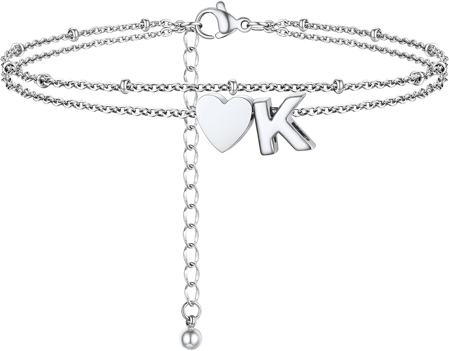 Initial Ankle Bracelets for Women, Dainty Stainless Steel Letter A-Z Layered Anklets, Heart Ankle Bracelet 8.5"-10.5" Adjustable, Summer Beach Jewelry, Come with Box