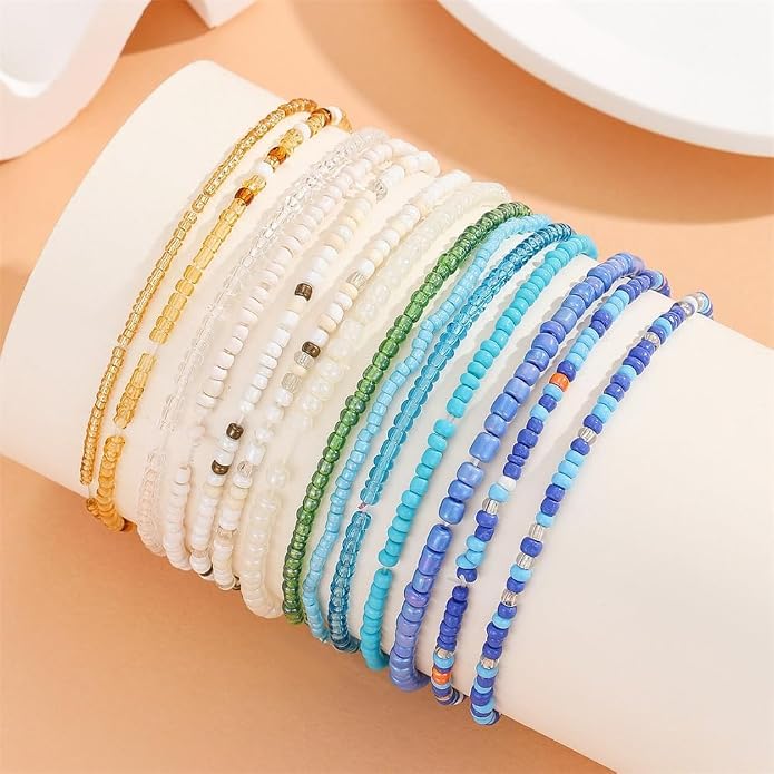 Fuqimanman2020 18Pcs Boho Stackable Beaded Bracelets for Women Colorful Handmade Multilayered Rice Beads Anklets Set Summer Beach Bohemian Jewelry Gift