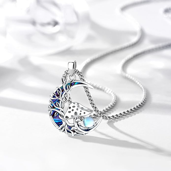 Sterling Silver Tree of Life Necklace for Women Oval Family Tree Necklace Abalone Shell Moonstone Pendant Mother Day Necklace for Mom Tree of Life Jewelry