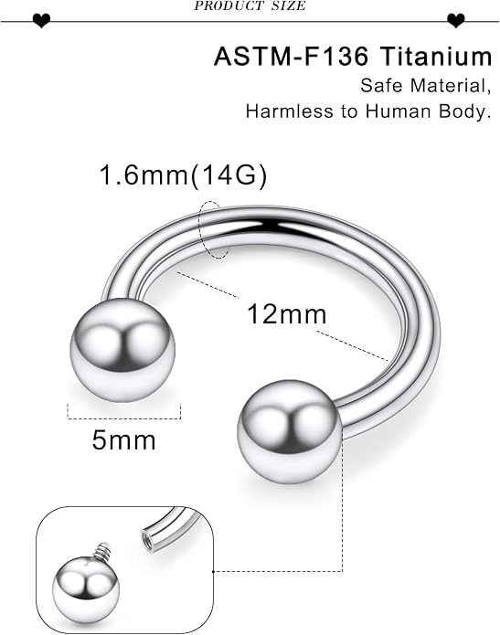 20G 18G 16G 14G 12G 8G 6G 4G 2G ASTM F136 Titanium Internal Thread Horseshoe Septum Ring Jewelry Circular Barbell Helix Snug Tragus Rook Daith Cartilage Earring Lip Ring Piercing Jewelry