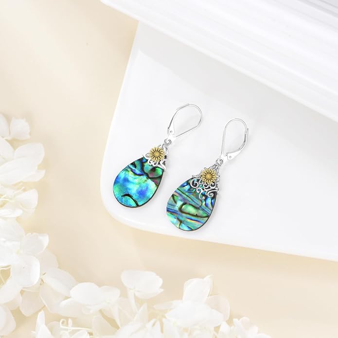 POPLYKE Dragonfly Butterfly Hummingbird Sunflower Earrings 925 Sterling Silver Abalone Shell Moonstone Leverback Earrings Jewelry