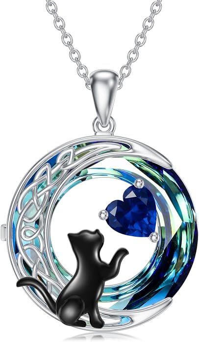 TOUPOP Cat Gifts for Cats Lovers 925 Sterling Silver Black Cat Necklace Celtic Moon Birthstone Jewelry for Women Anniversary Birthday Gift for Her Wife Mom