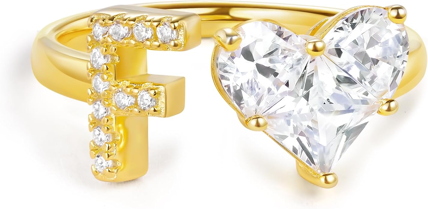KissYan Sterling Silver Initial Heart Ring for Women, S925 Letter Rings 14K Gold Plated Open Adjustable Dainty Pave CZ Personalized Fashion Trendy Gifts for Mother's Day