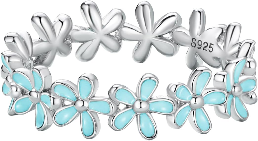 925 Sterling Silver Dainty Daisy Butterfly Paw Heart Eternity Rings Blue Flower Finger Rings for Women Stacking Promise Rings Gift Jewelry
