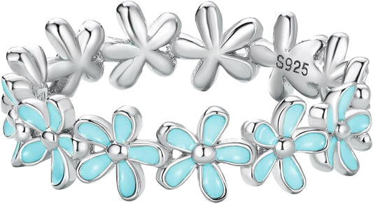 925 Sterling Silver Dainty Daisy Butterfly Paw Heart Eternity Rings Blue Flower Finger Rings for Women Stacking Promise Rings Gift Jewelry