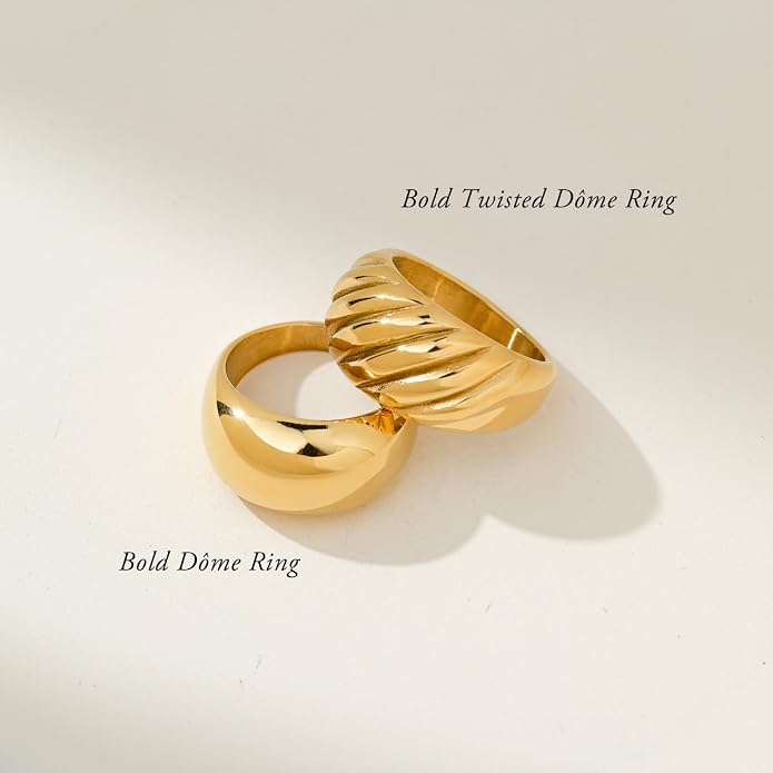 Chunky Statement Rings for Women, Wide Signet Dome Croissant Twist Band Non-Tarnish 18k Gold Plated Stainless Steel Size 5-11