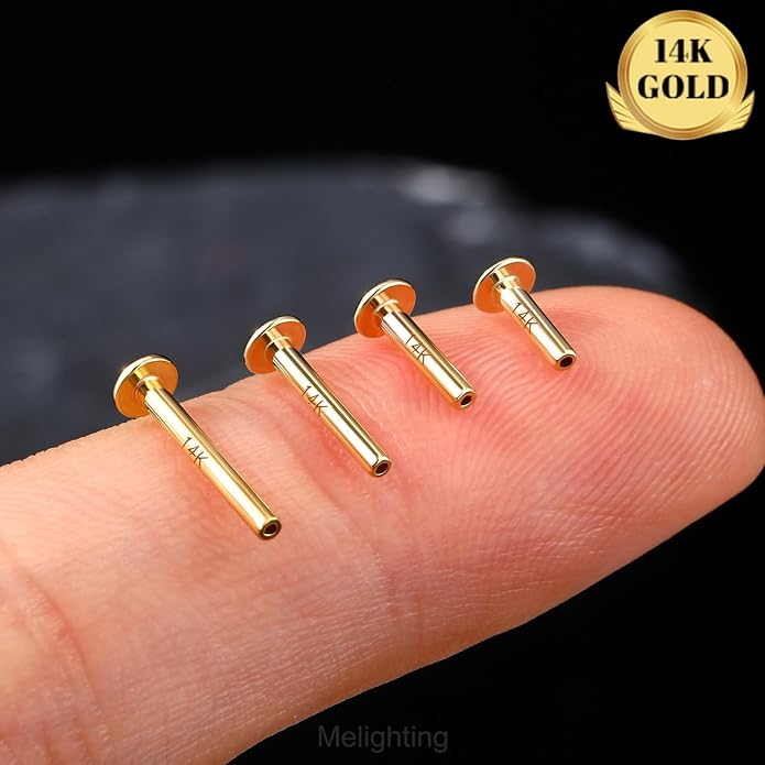 Melighting 14K Solid Gold Threadless Replacement, Gold Threadless Post Push in Flat Back, Labret, Nose, Helix, Conch, Tragus Cartilage Stud Earring 16G 18G 20G