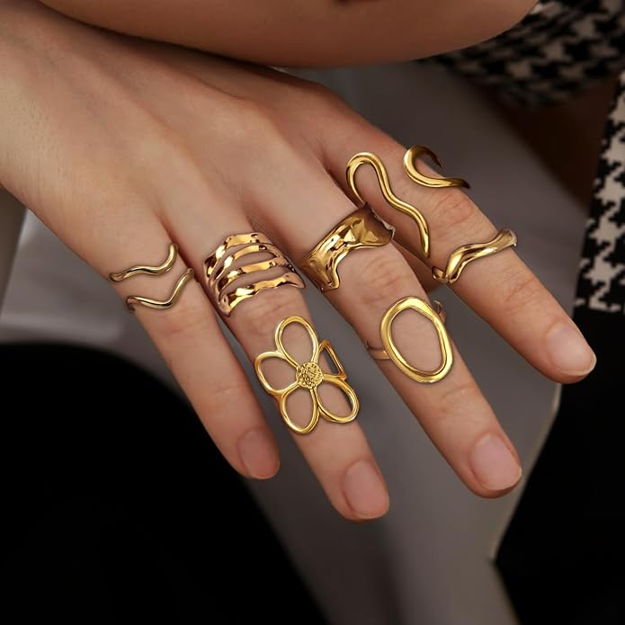 Gold Chunky Rings for Women Asymmetrical Wavy Curve Thumb Ring Irregular Thick Open Statement Rings Adjustable Stainless Steel Flower Finger Rings Non Tarnish