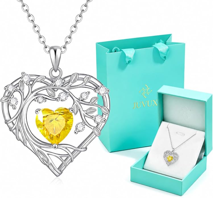 Tree of Life Birthstone Pendant Necklace - 925 Sterling Silver Heart Cubic Zirconia Diamond Women Pendant Necklaces for Her Daughter Girlfriend Birthday Gift Ideas for Wife Mom for Valentines Day