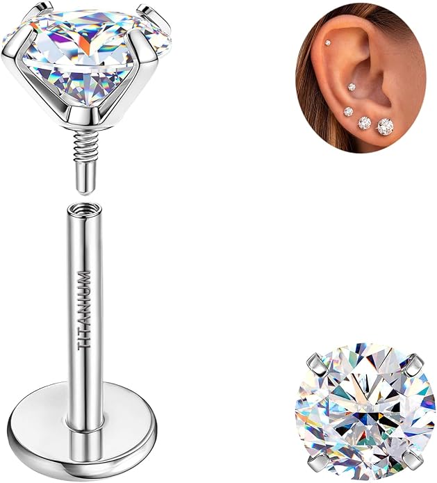 GEMQUEEN Moissanite Earrings G23 Titanium Extended Internal Thread Flat Back Earrings Hypoallergenic Tragus Cartilage Helix Conch Piercing Jewelry for Women Men 18G 6/8mm Post Gray/D Color 0.2-3CT