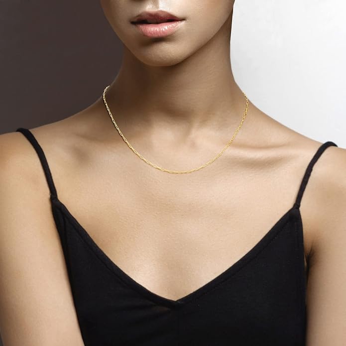Miabella Italian Solid 925 Sterling Silver, 18Kt Gold Plated 2mm Paperclip Link Chain Necklace for Women, Made in Italy