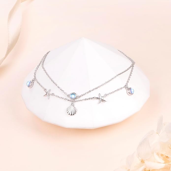 Ladytree S925 Sterling Silver Boho Beach Double Layer Anklets Bracelet for Women Adjustable 9 to 11 inches
