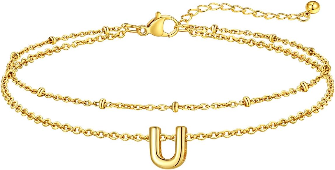 FaithHeart Initial Ankle Bracelets for Women, Waterproof 14k Gold Plated Initial Anklets Non Tarnish Stainless Steel Cute Layered Anklet Summer Beach Jewelry