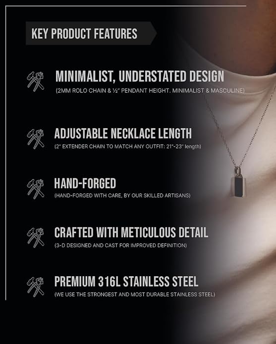 Forge & Foundry Men's Minimalist Stainless Steel and Solid Onyx Inlay Pendant | 21 Inch Rolo Chain | Design-Led Artisan Jewelry, from London