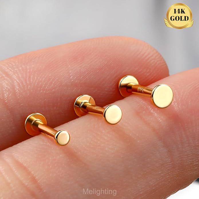 Melighting 14K Solid Gold Flat Back Cartilage Earring 16G Helix Piercing Jewelry Internally Threaded Labret 8mm