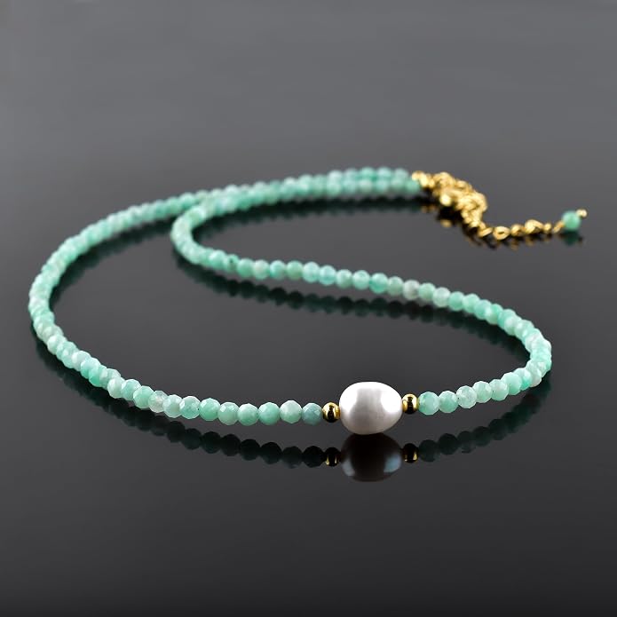 InfinityGemsArt Gemstone Gold Necklace For Women, Birthstone Natural Crystal Stone With Freshwater Pearl Beaded Jewelry, Gold Plated 18 Inch Chain