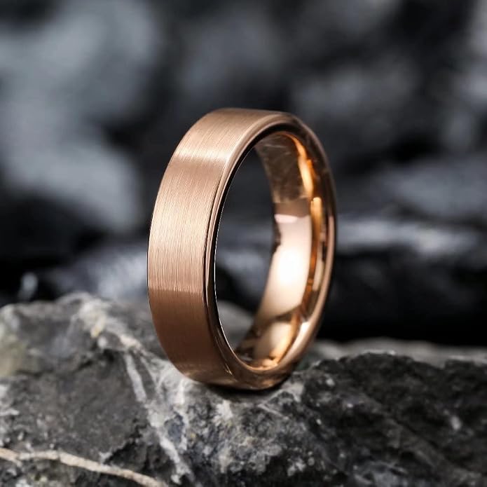 King Will Basic Gold/Rose Gold/Brown Plated Tungsten Wedding Band for Men/Women, 2mm/4mm/6mm/8mm/10mm/12mm Width Band Rings, Pipe Cut Matte Brushed Finish Cigar Band Ring Comfort Fit