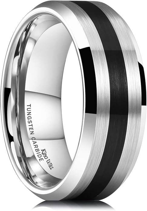 King Will Classic Tungsten Carbide Ring Brushed Two Grooved Center Hammered Design Mens Wedding Band for Men