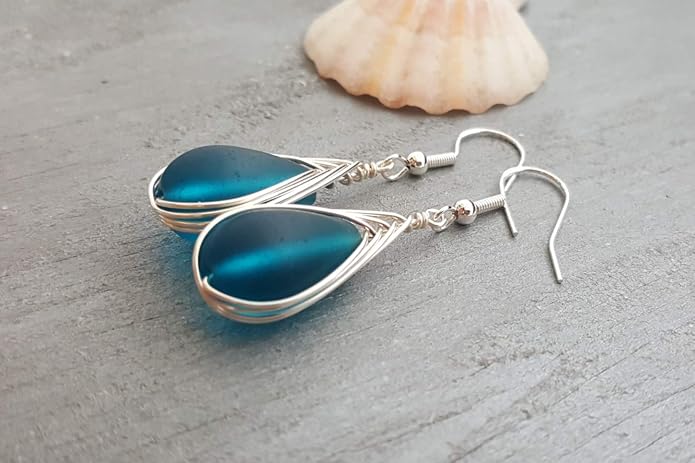 Handmade Sea Glass Earrings, Hawaiian Jewelry, Wire Braided Earrings Teardrop Earrings, Beach Jewelry Sea Glass Jewelry For Women Birthday Gift