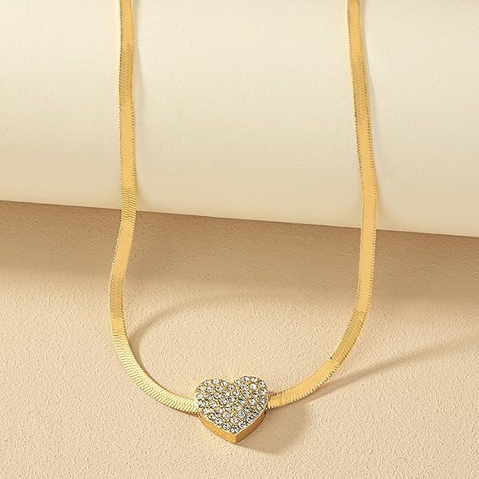 Heart Pendant Herringbone Choker Necklace For Women Gold Silver Options Crystal Pave Charm Adjustable Layering Style Minimalist Chic Everyday Wear